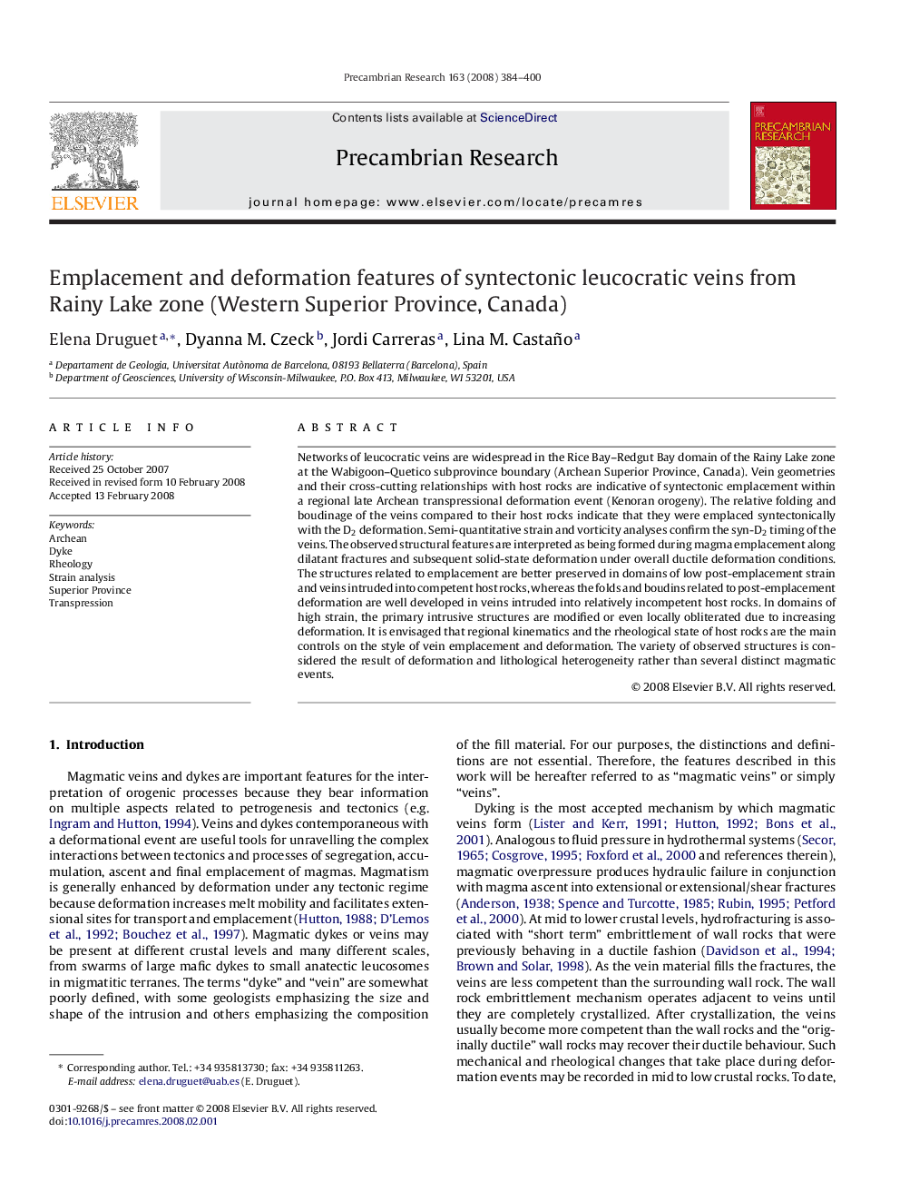 Emplacement and deformation features of syntectonic leucocratic veins from Rainy Lake zone (Western Superior Province, Canada)