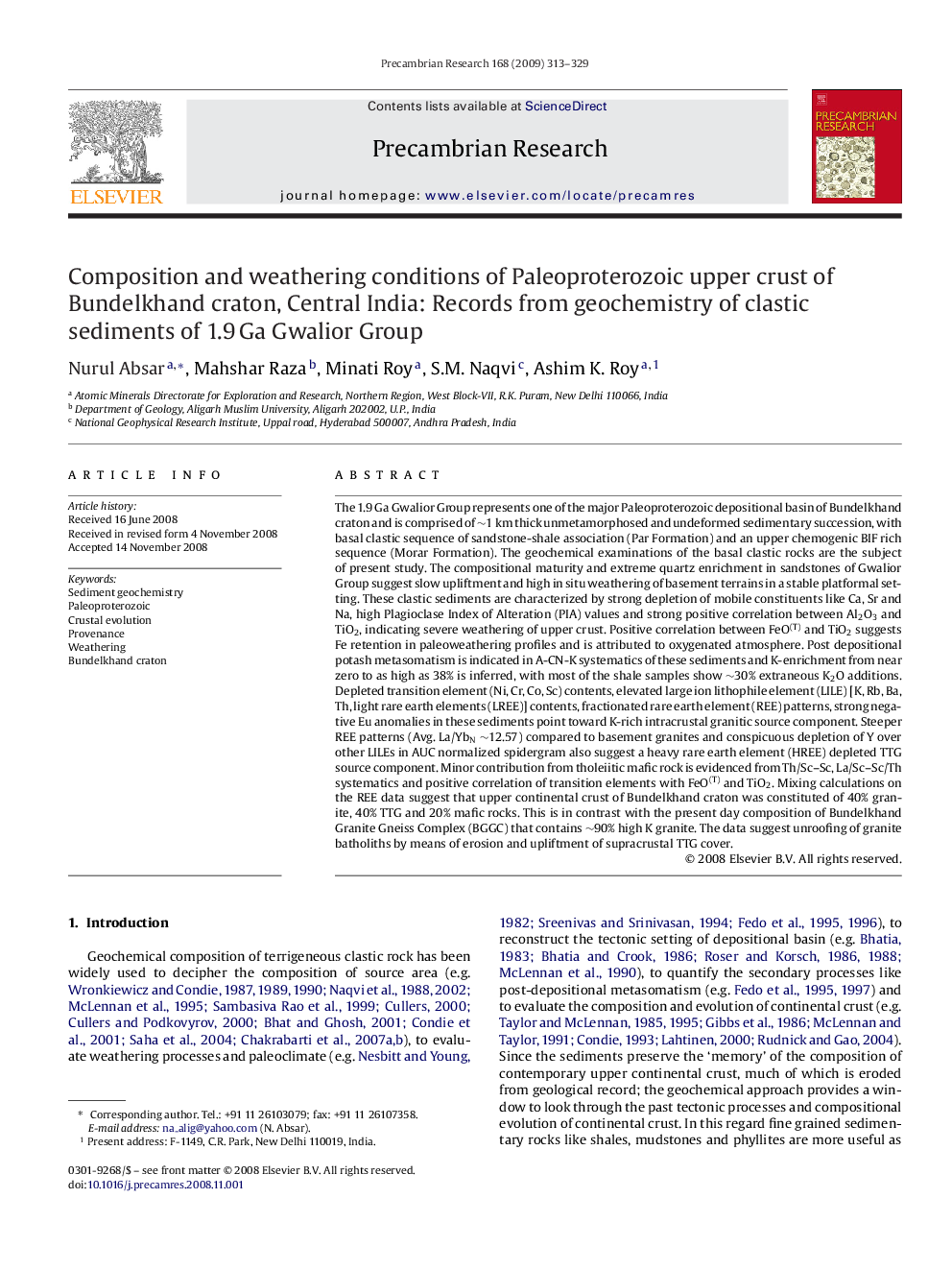 Composition and weathering conditions of Paleoproterozoic upper crust of Bundelkhand craton, Central India: Records from geochemistry of clastic sediments of 1.9 Ga Gwalior Group