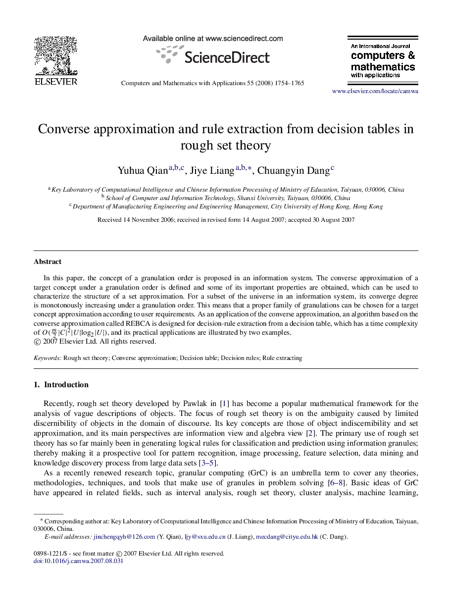 Converse approximation and rule extraction from decision tables in rough set theory