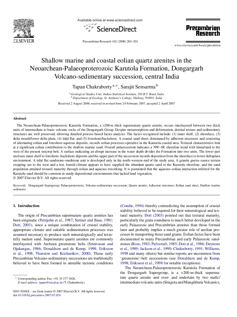 Shallow marine and coastal eolian quartz arenites in the Neoarchean-Palaeoproterozoic Karutola Formation, Dongargarh Volcano-sedimentary succession, central India