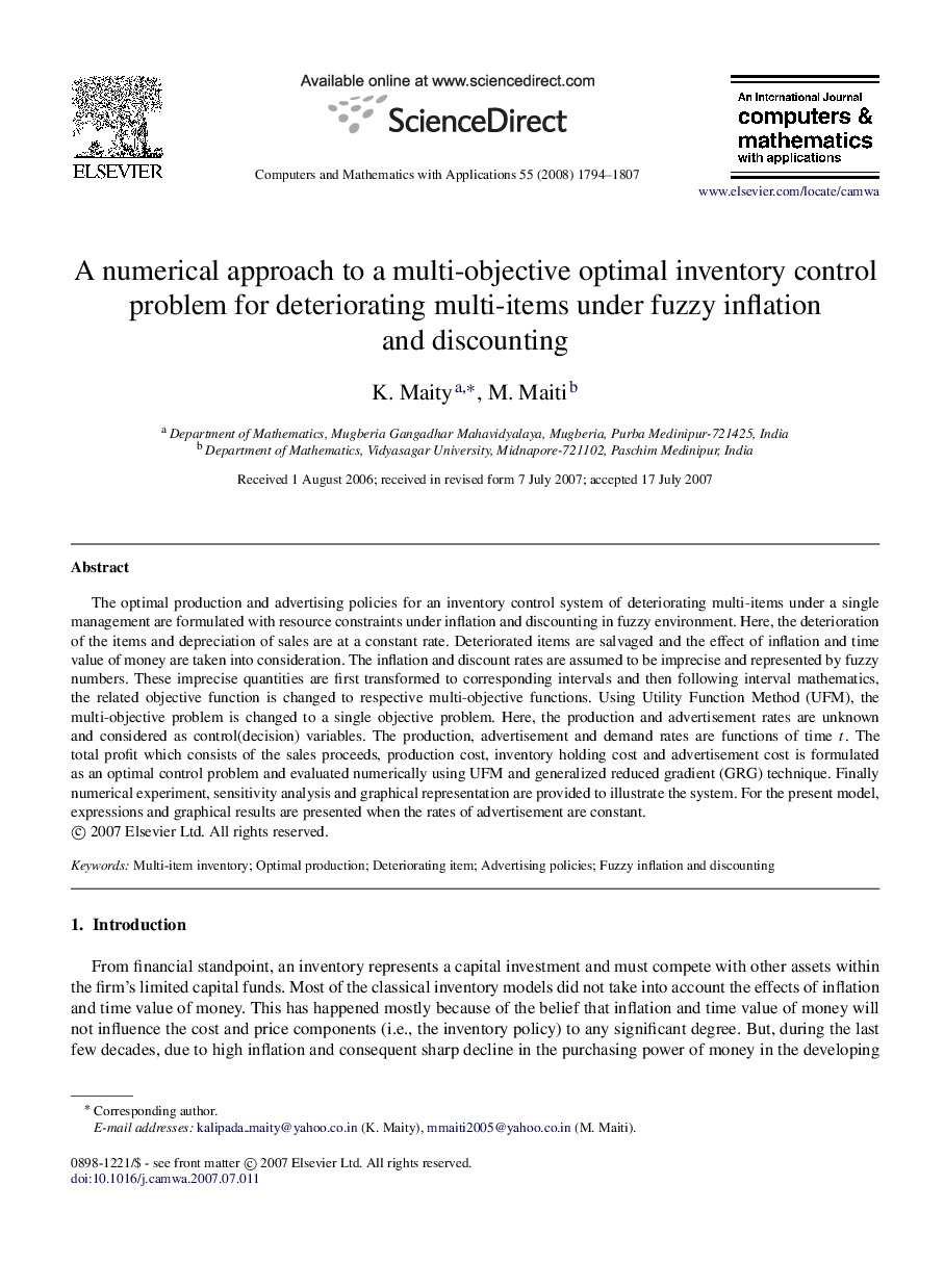 A numerical approach to a multi-objective optimal inventory control problem for deteriorating multi-items under fuzzy inflation and discounting