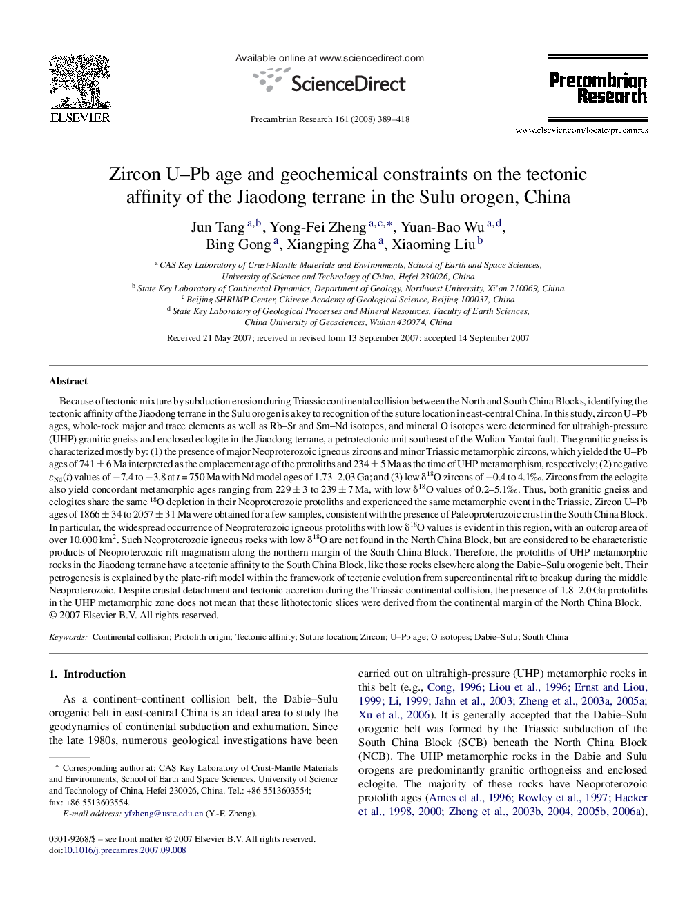 Zircon U–Pb age and geochemical constraints on the tectonic affinity of the Jiaodong terrane in the Sulu orogen, China