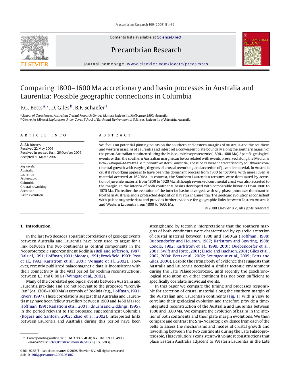 Comparing 1800–1600 Ma accretionary and basin processes in Australia and Laurentia: Possible geographic connections in Columbia