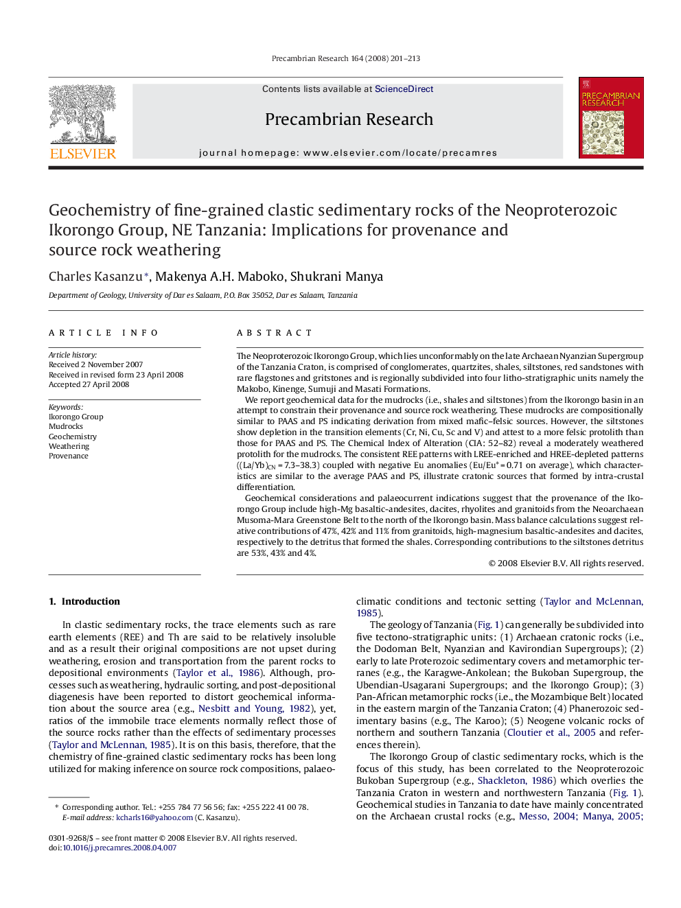 Geochemistry of fine-grained clastic sedimentary rocks of the Neoproterozoic Ikorongo Group, NE Tanzania: Implications for provenance and source rock weathering