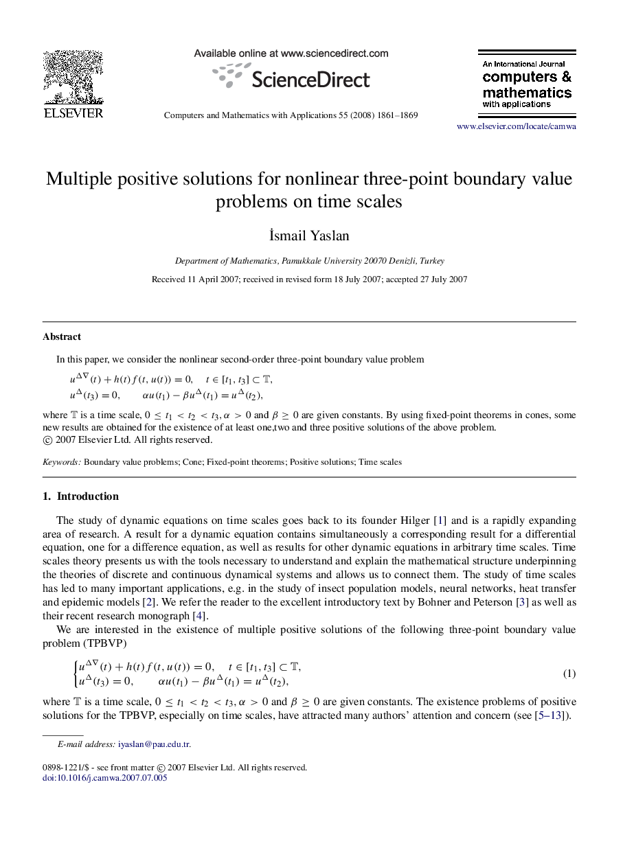 Multiple positive solutions for nonlinear three-point boundary value problems on time scales