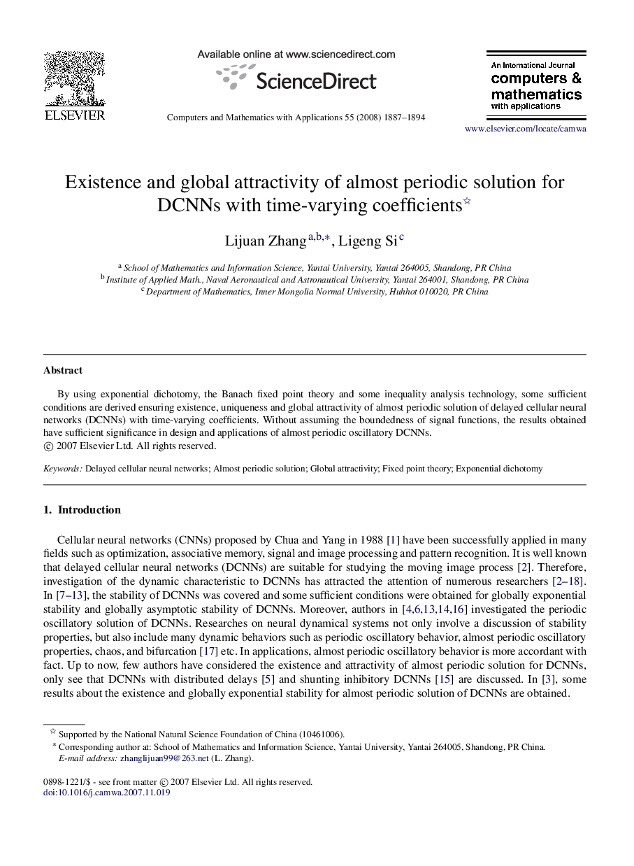 Existence and global attractivity of almost periodic solution for DCNNs with time-varying coefficients 