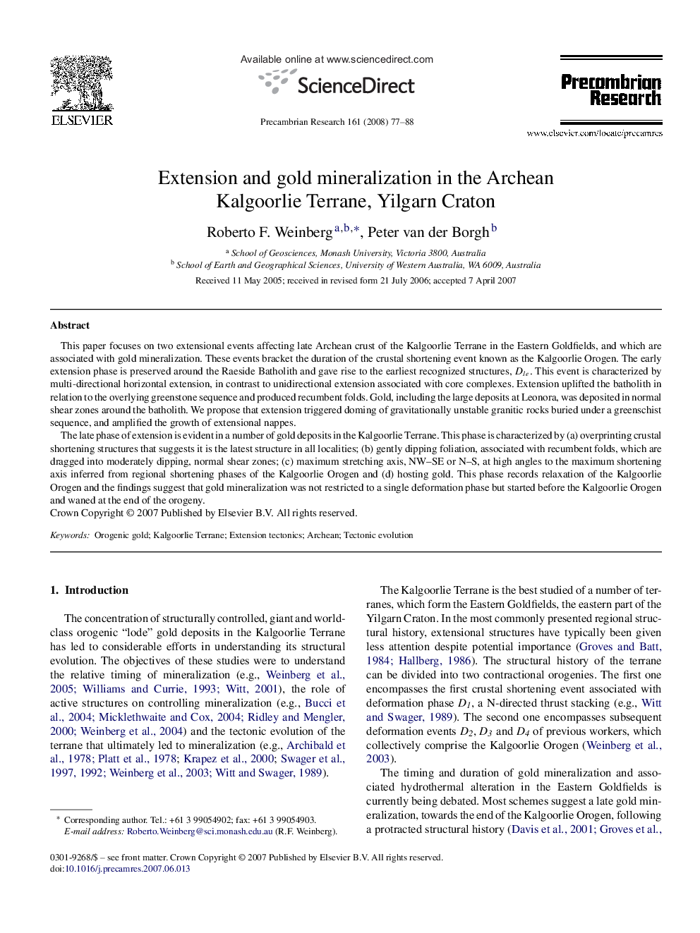 Extension and gold mineralization in the Archean Kalgoorlie Terrane, Yilgarn Craton