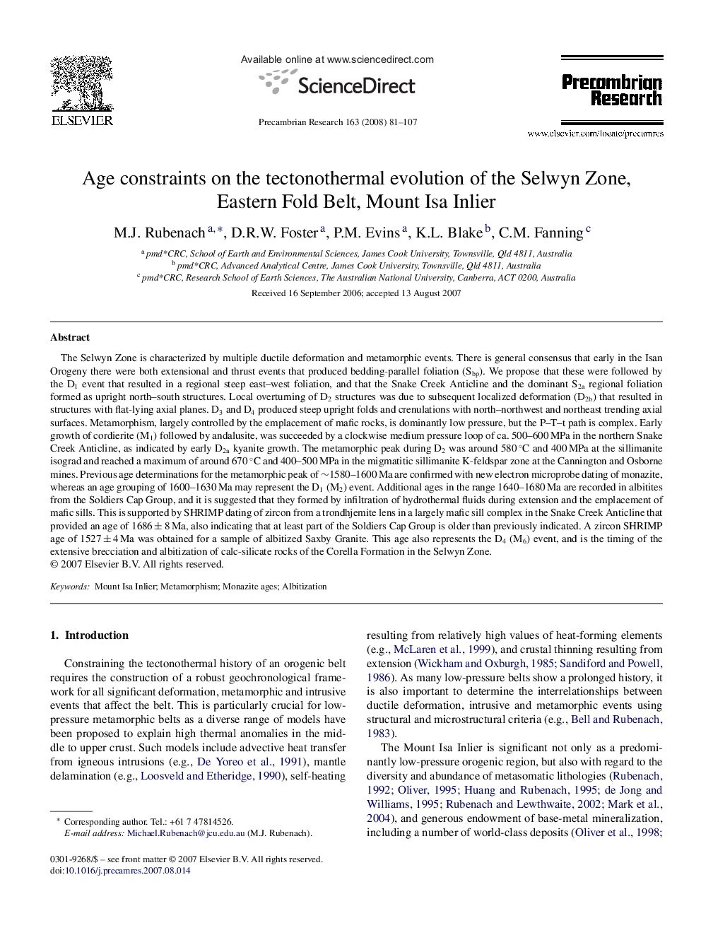 Age constraints on the tectonothermal evolution of the Selwyn Zone, Eastern Fold Belt, Mount Isa Inlier