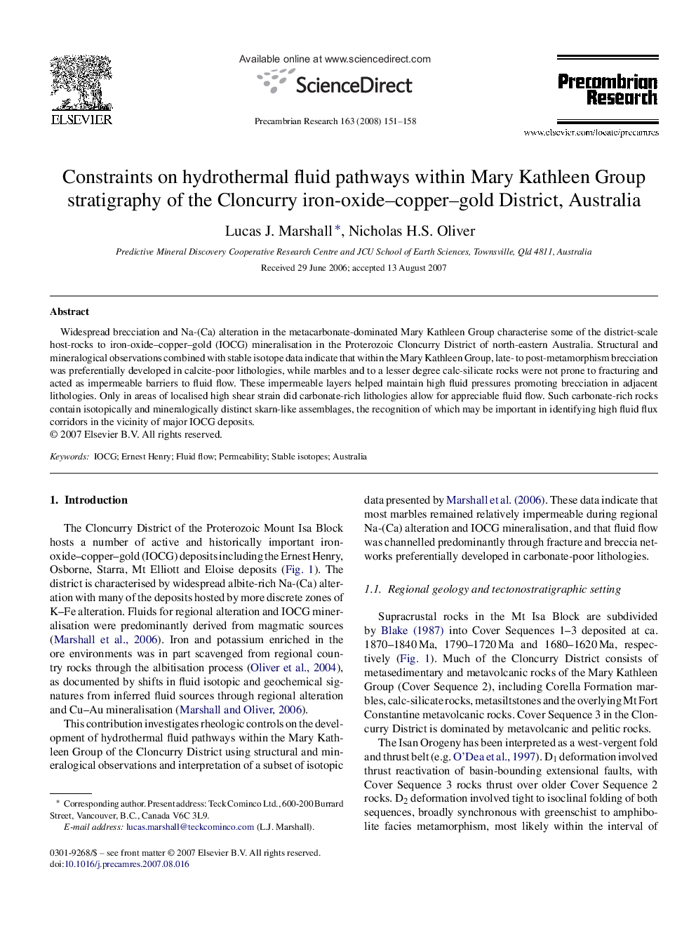 Constraints on hydrothermal fluid pathways within Mary Kathleen Group stratigraphy of the Cloncurry iron-oxide–copper–gold District, Australia