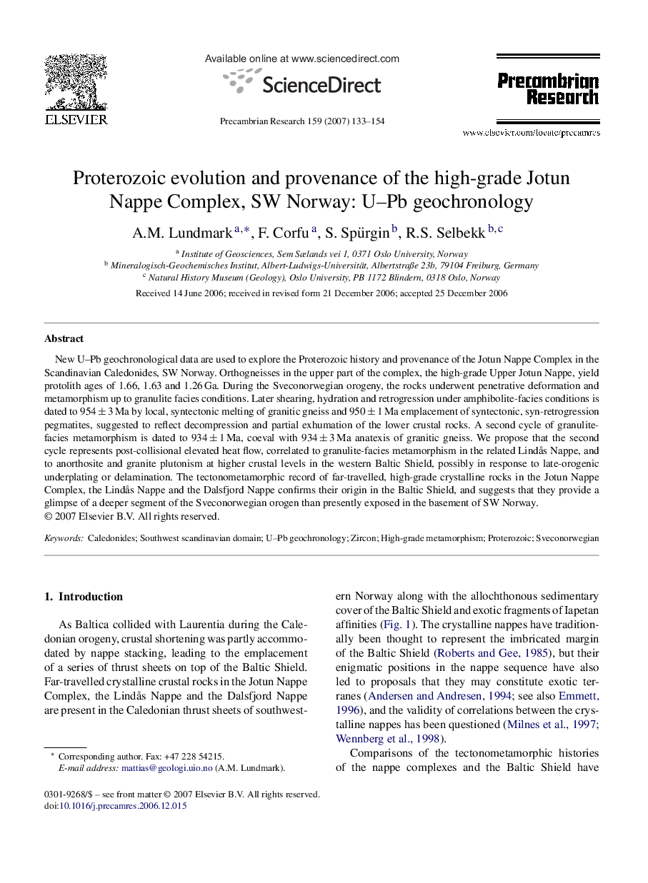 Proterozoic evolution and provenance of the high-grade Jotun Nappe Complex, SW Norway: U-Pb geochronology