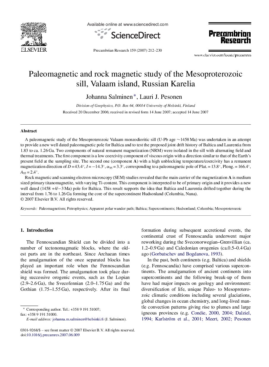 Paleomagnetic and rock magnetic study of the Mesoproterozoic sill, Valaam island, Russian Karelia