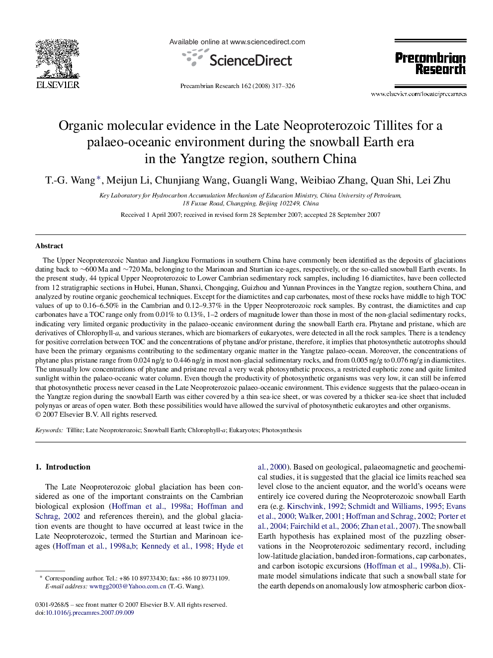 Organic molecular evidence in the Late Neoproterozoic Tillites for a palaeo-oceanic environment during the snowball Earth era in the Yangtze region, southern China