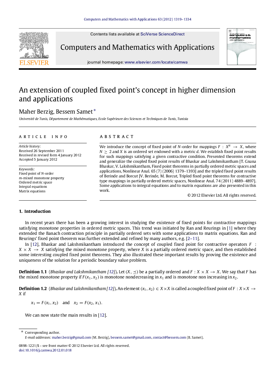 An extension of coupled fixed point’s concept in higher dimension and applications