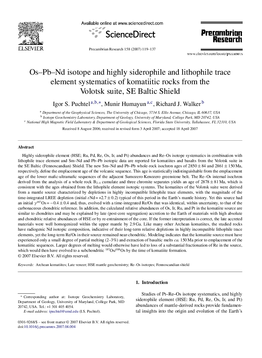 Os–Pb–Nd isotope and highly siderophile and lithophile trace element systematics of komatiitic rocks from the Volotsk suite, SE Baltic Shield