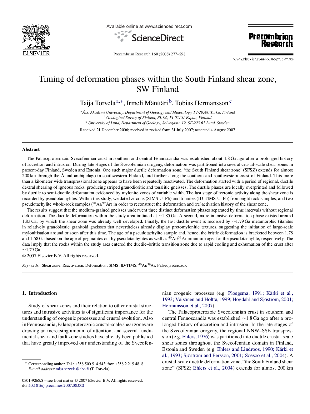 Timing of deformation phases within the South Finland shear zone, SW Finland