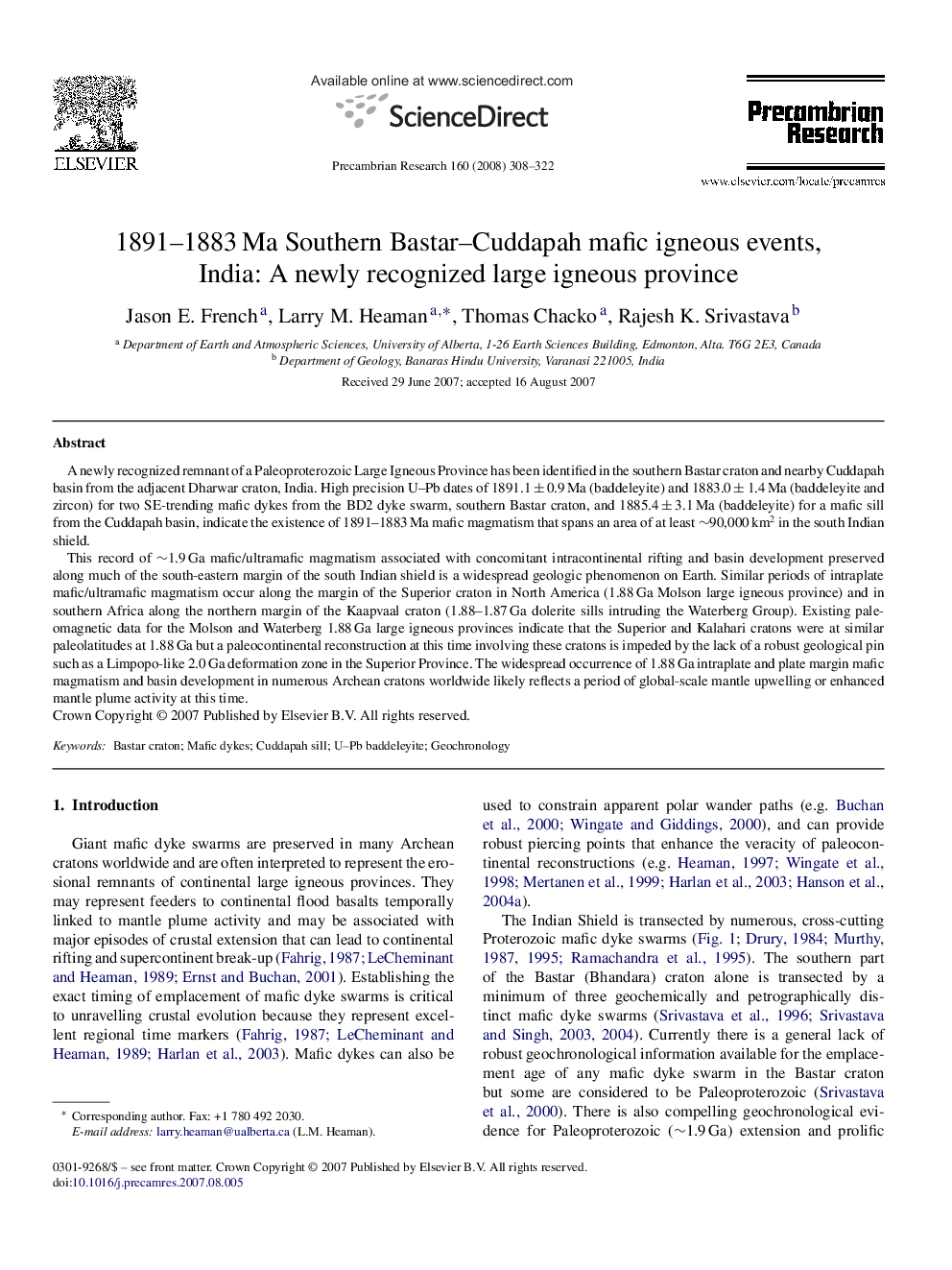 1891–1883 Ma Southern Bastar–Cuddapah mafic igneous events, India: A newly recognized large igneous province