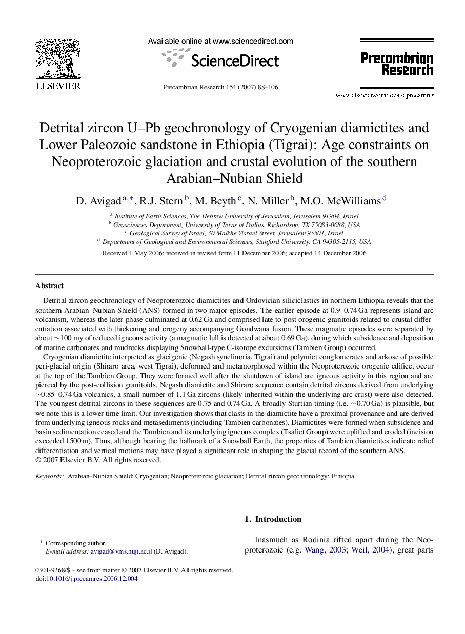 Detrital zircon U–Pb geochronology of Cryogenian diamictites and Lower Paleozoic sandstone in Ethiopia (Tigrai): Age constraints on Neoproterozoic glaciation and crustal evolution of the southern Arabian–Nubian Shield