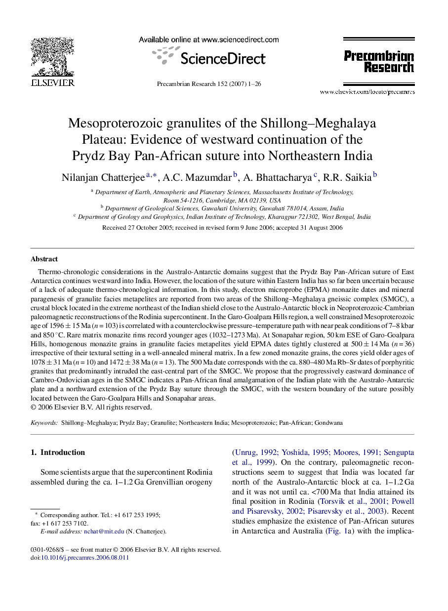 Mesoproterozoic granulites of the Shillong–Meghalaya Plateau: Evidence of westward continuation of the Prydz Bay Pan-African suture into Northeastern India