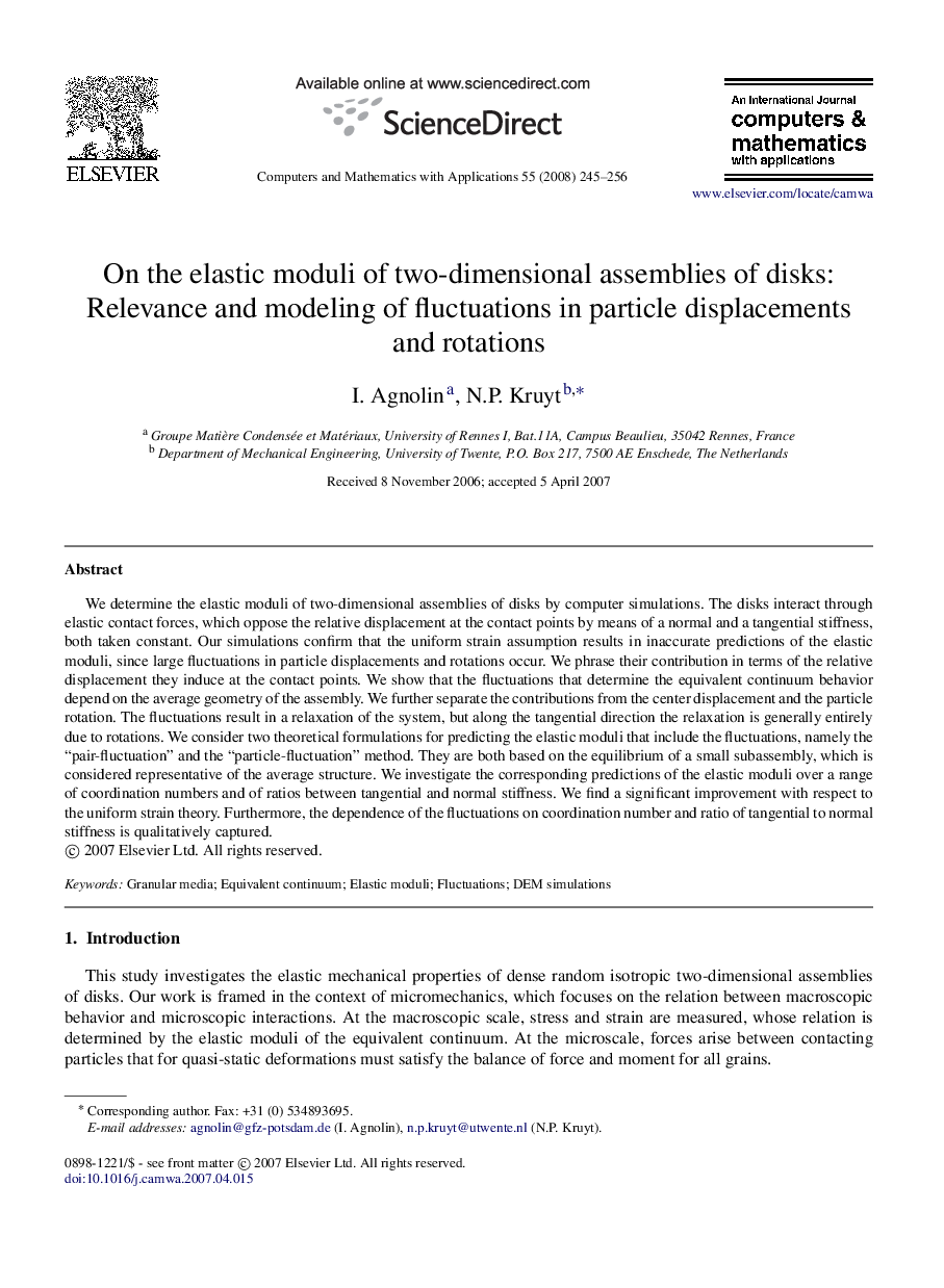 On the elastic moduli of two-dimensional assemblies of disks: Relevance and modeling of fluctuations in particle displacements and rotations