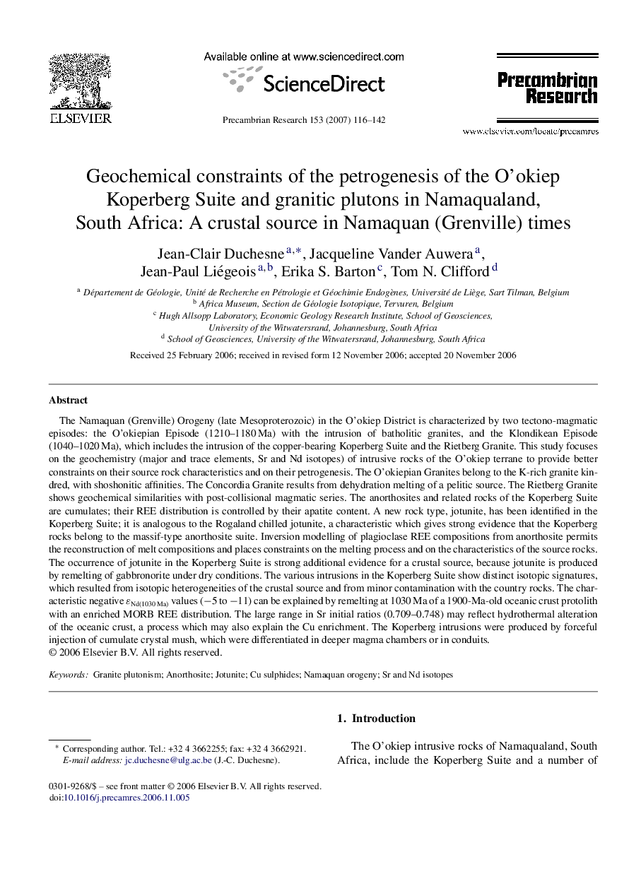 Geochemical constraints of the petrogenesis of the O’okiep Koperberg Suite and granitic plutons in Namaqualand, South Africa: A crustal source in Namaquan (Grenville) times