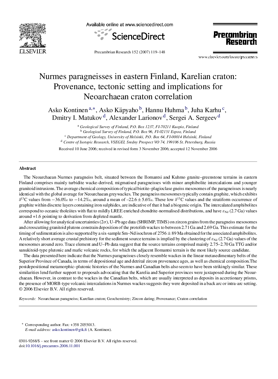 Nurmes paragneisses in eastern Finland, Karelian craton: Provenance, tectonic setting and implications for Neoarchaean craton correlation