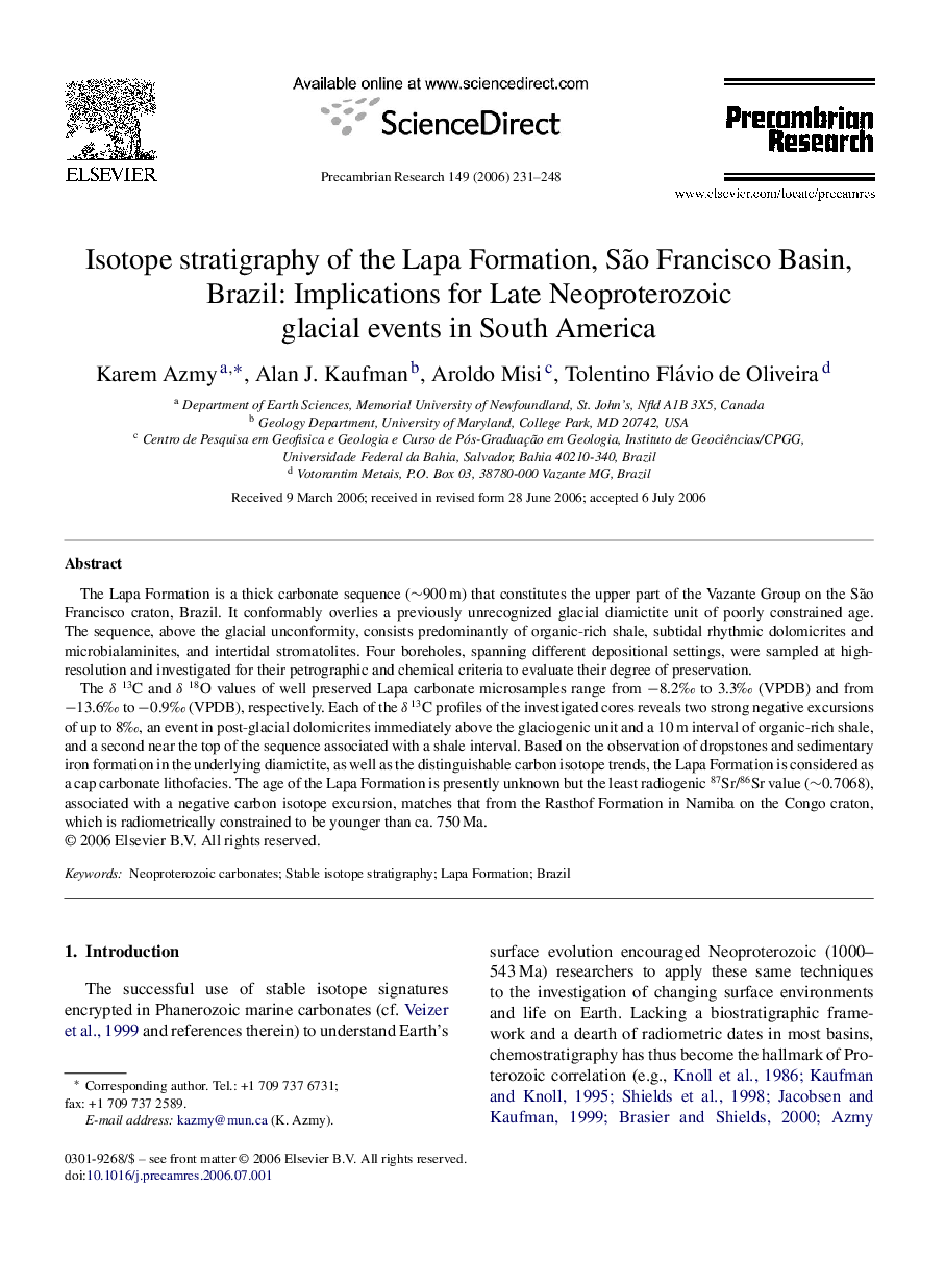 Isotope stratigraphy of the Lapa Formation, São Francisco Basin, Brazil: Implications for Late Neoproterozoic glacial events in South America