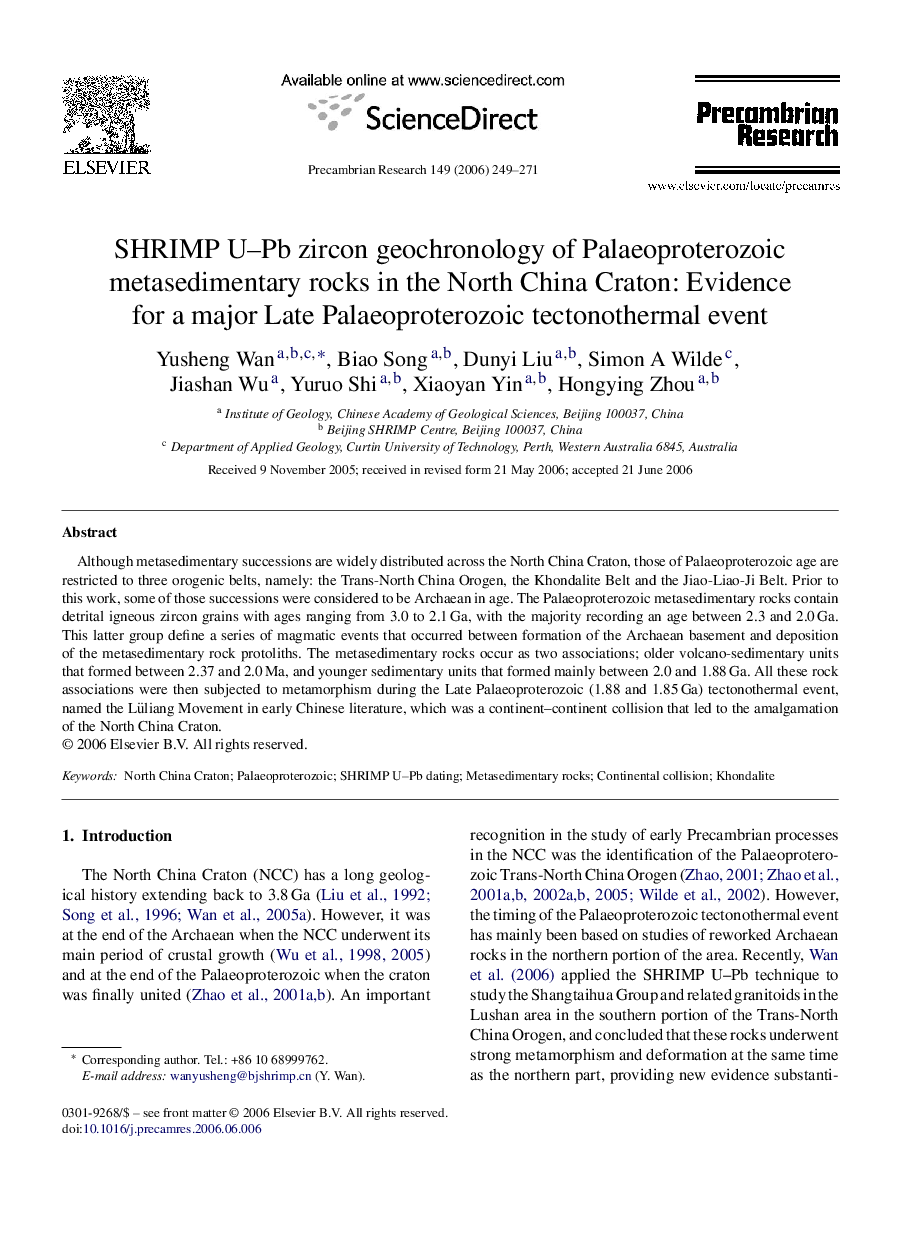 SHRIMP U-Pb zircon geochronology of Palaeoproterozoic metasedimentary rocks in the North China Craton: Evidence for a major Late Palaeoproterozoic tectonothermal event