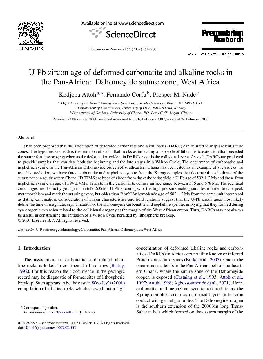 U-Pb zircon age of deformed carbonatite and alkaline rocks in the Pan-African Dahomeyide suture zone, West Africa