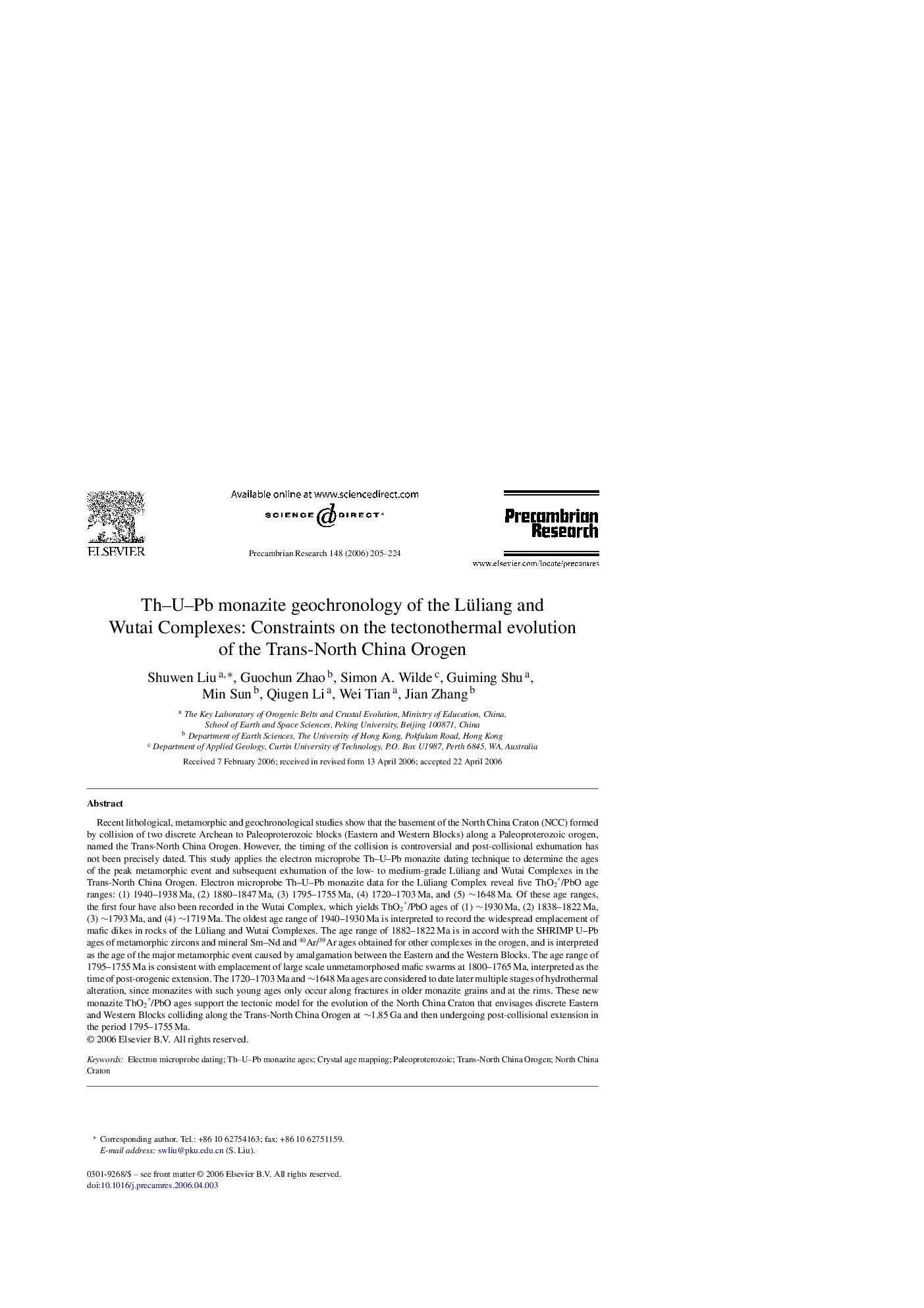 Th–U–Pb monazite geochronology of the Lüliang and Wutai Complexes: Constraints on the tectonothermal evolution of the Trans-North China Orogen