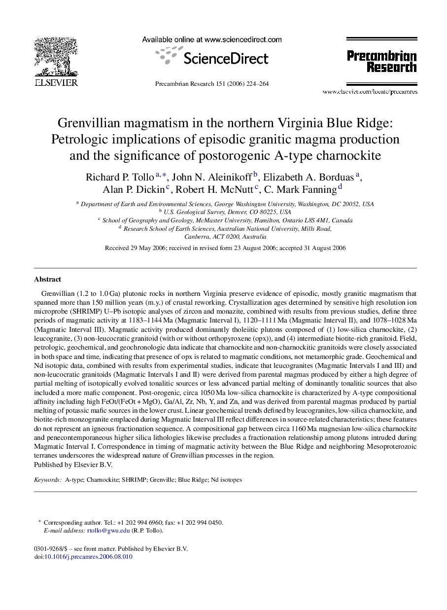 Grenvillian magmatism in the northern Virginia Blue Ridge: Petrologic implications of episodic granitic magma production and the significance of postorogenic A-type charnockite