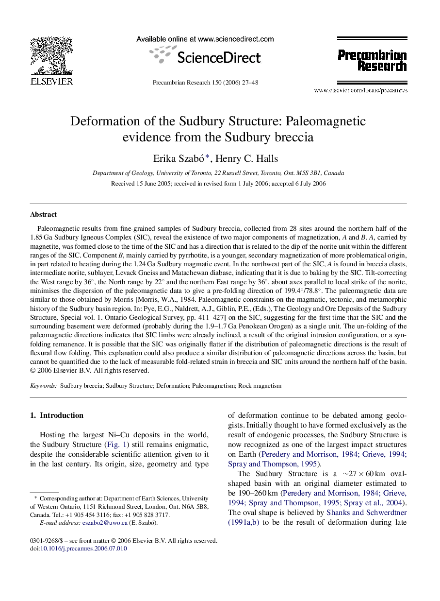 Deformation of the Sudbury Structure: Paleomagnetic evidence from the Sudbury breccia