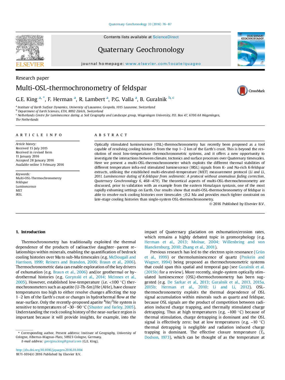 Multi-OSL-thermochronometry of feldspar