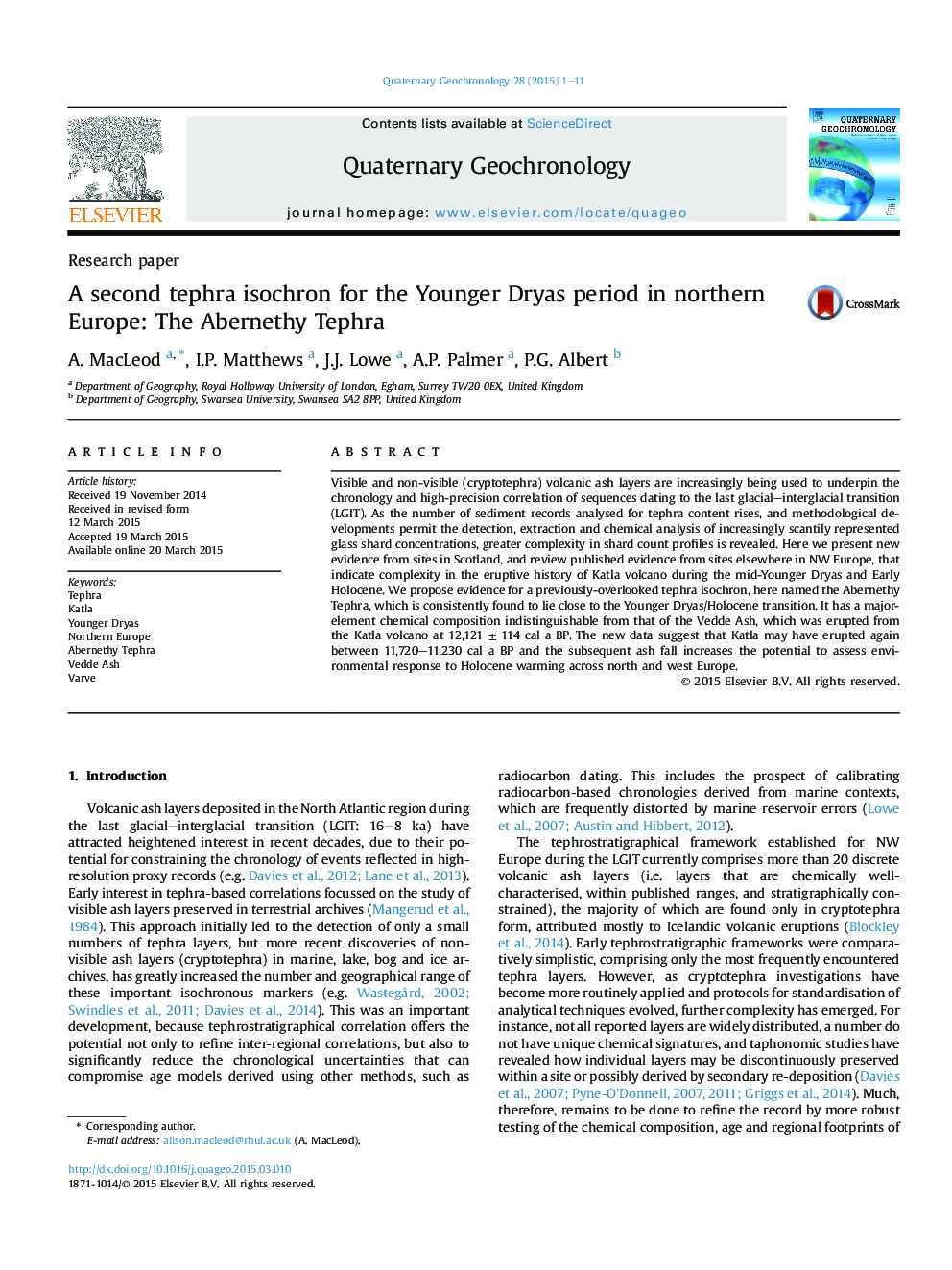 A second tephra isochron for the Younger Dryas period in northern Europe: The Abernethy Tephra