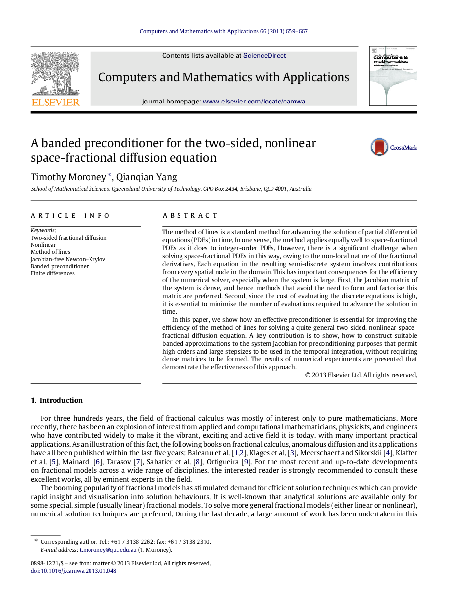 A banded preconditioner for the two-sided, nonlinear space-fractional diffusion equation