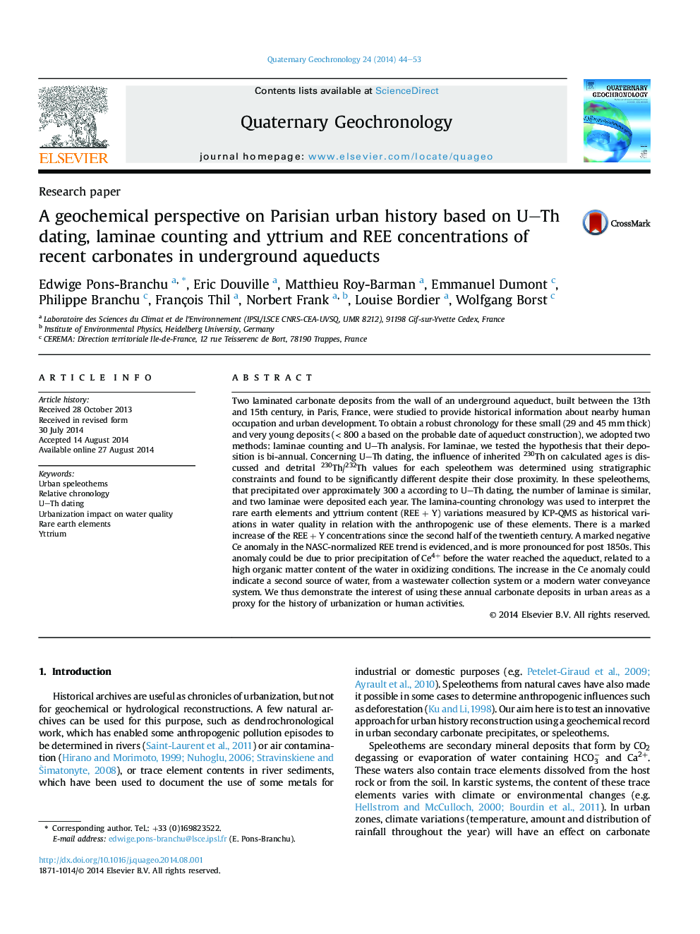 A geochemical perspective on Parisian urban history based on U–Th dating, laminae counting and yttrium and REE concentrations of recent carbonates in underground aqueducts