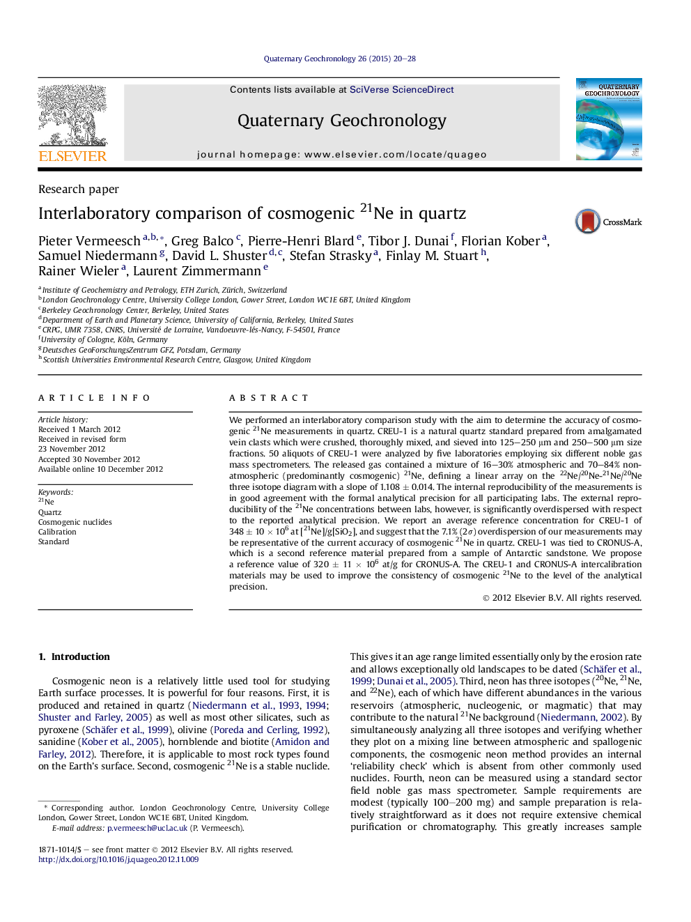 Interlaboratory comparison of cosmogenic 21Ne in quartz