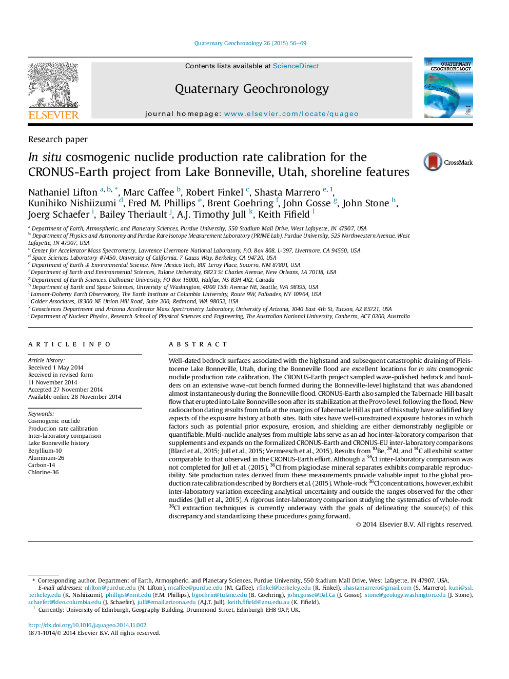 In situ cosmogenic nuclide production rate calibration for the CRONUS-Earth project from Lake Bonneville, Utah, shoreline features