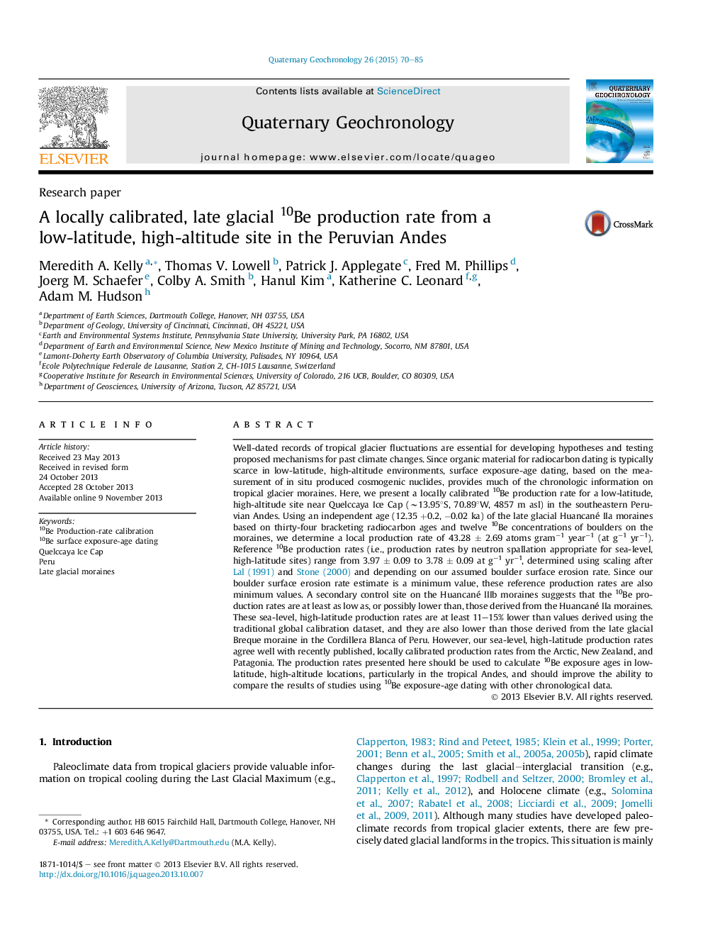 A locally calibrated, late glacial 10Be production rate from a low-latitude, high-altitude site in the Peruvian Andes