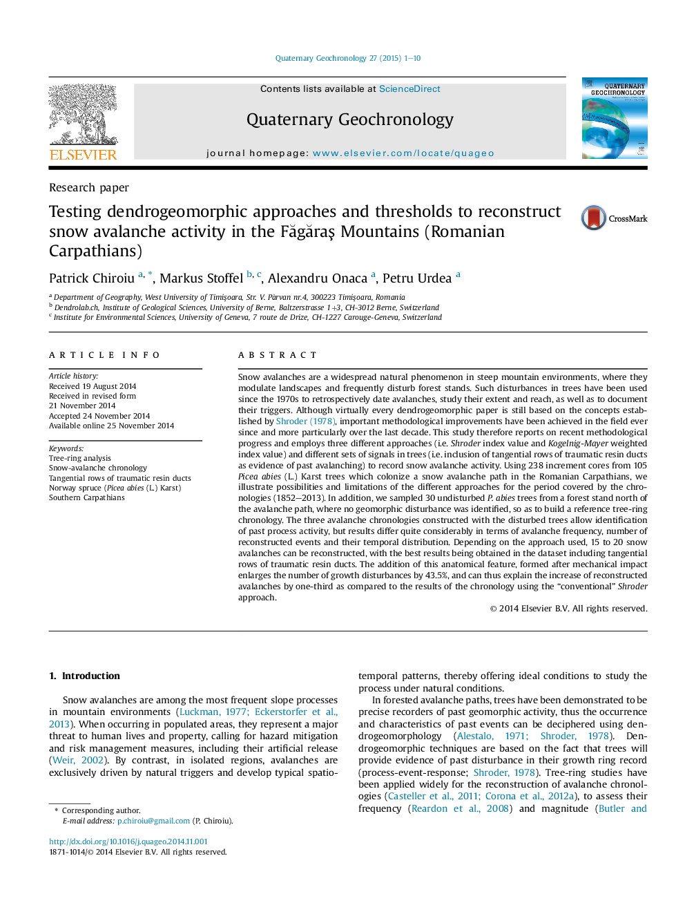 Testing dendrogeomorphic approaches and thresholds to reconstruct snow avalanche activity in the Făgăraş Mountains (Romanian Carpathians)