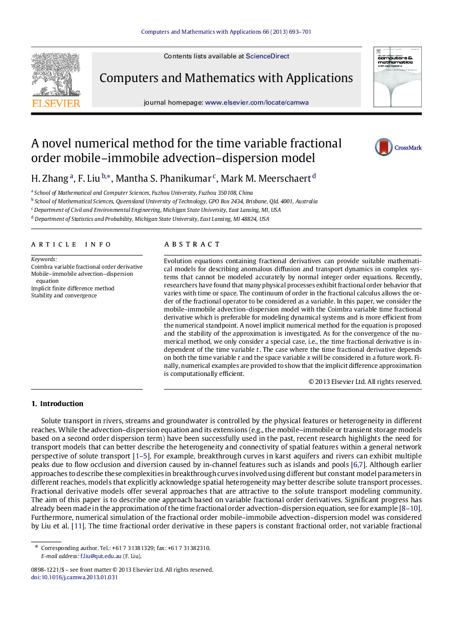 A novel numerical method for the time variable fractional order mobile–immobile advection–dispersion model