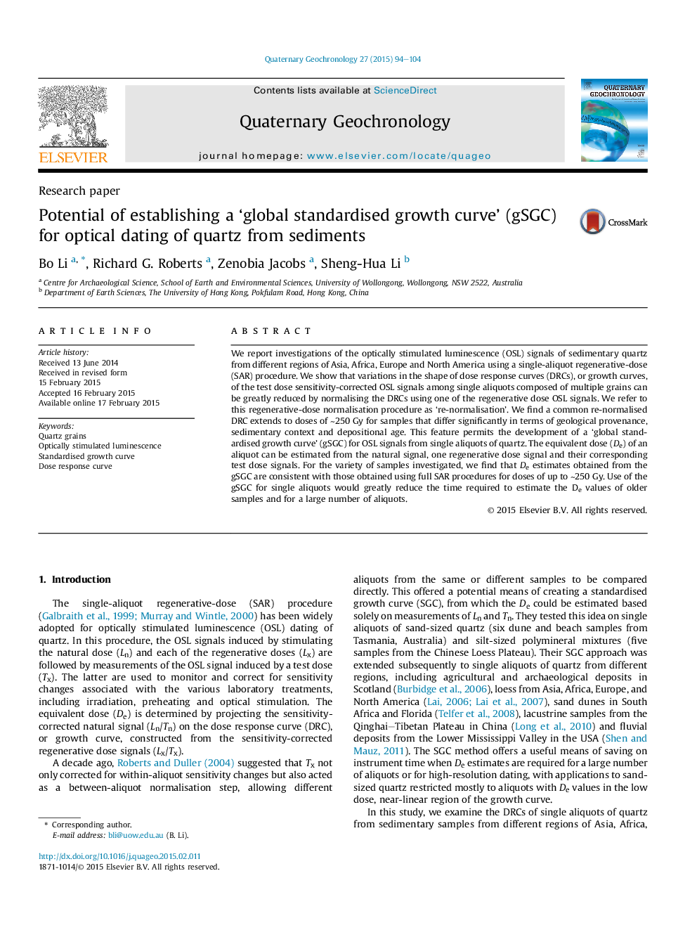 Potential of establishing a ‘global standardised growth curve’ (gSGC) for optical dating of quartz from sediments