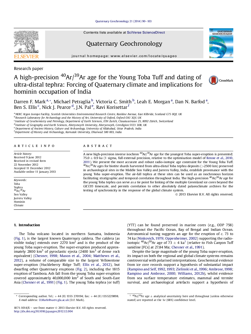 A high-precision 40Ar/39Ar age for the Young Toba Tuff and dating of ultra-distal tephra: Forcing of Quaternary climate and implications for hominin occupation of India