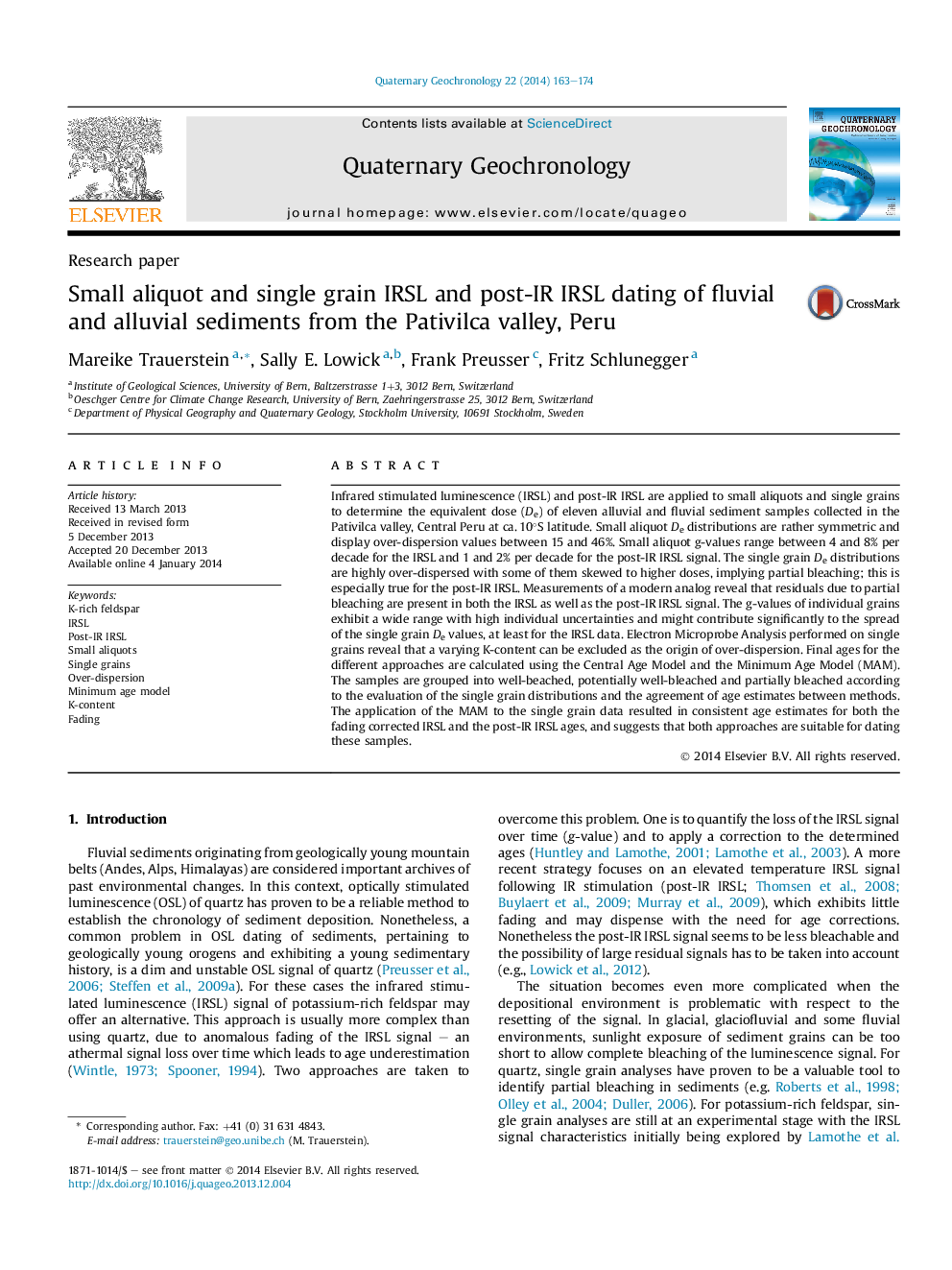 Small aliquot and single grain IRSL and post-IR IRSL dating of fluvial and alluvial sediments from the Pativilca valley, Peru