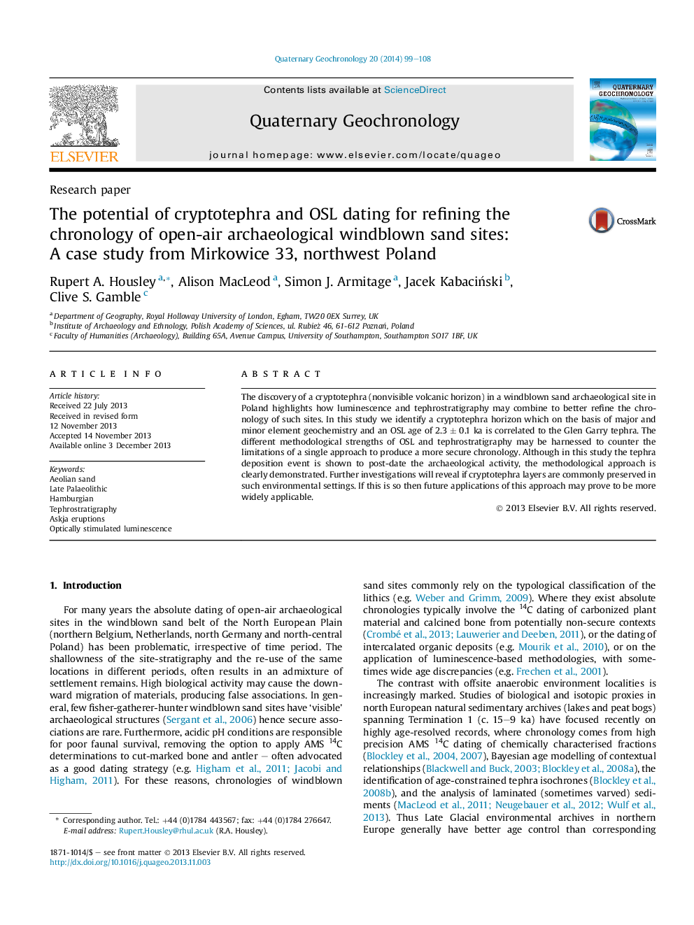 The potential of cryptotephra and OSL dating for refining the chronology of open-air archaeological windblown sand sites: A case study from Mirkowice 33, northwest Poland