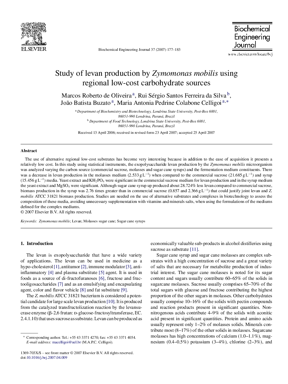 Study of levan production by Zymomonas mobilis using regional low-cost carbohydrate sources