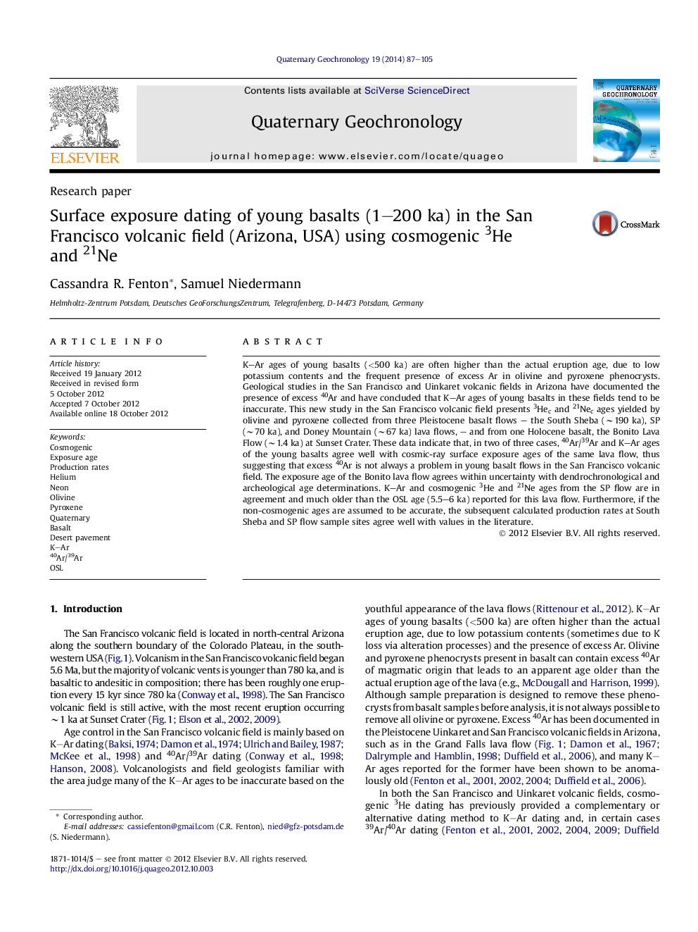 Surface exposure dating of young basalts (1–200 ka) in the San Francisco volcanic field (Arizona, USA) using cosmogenic 3He and 21Ne