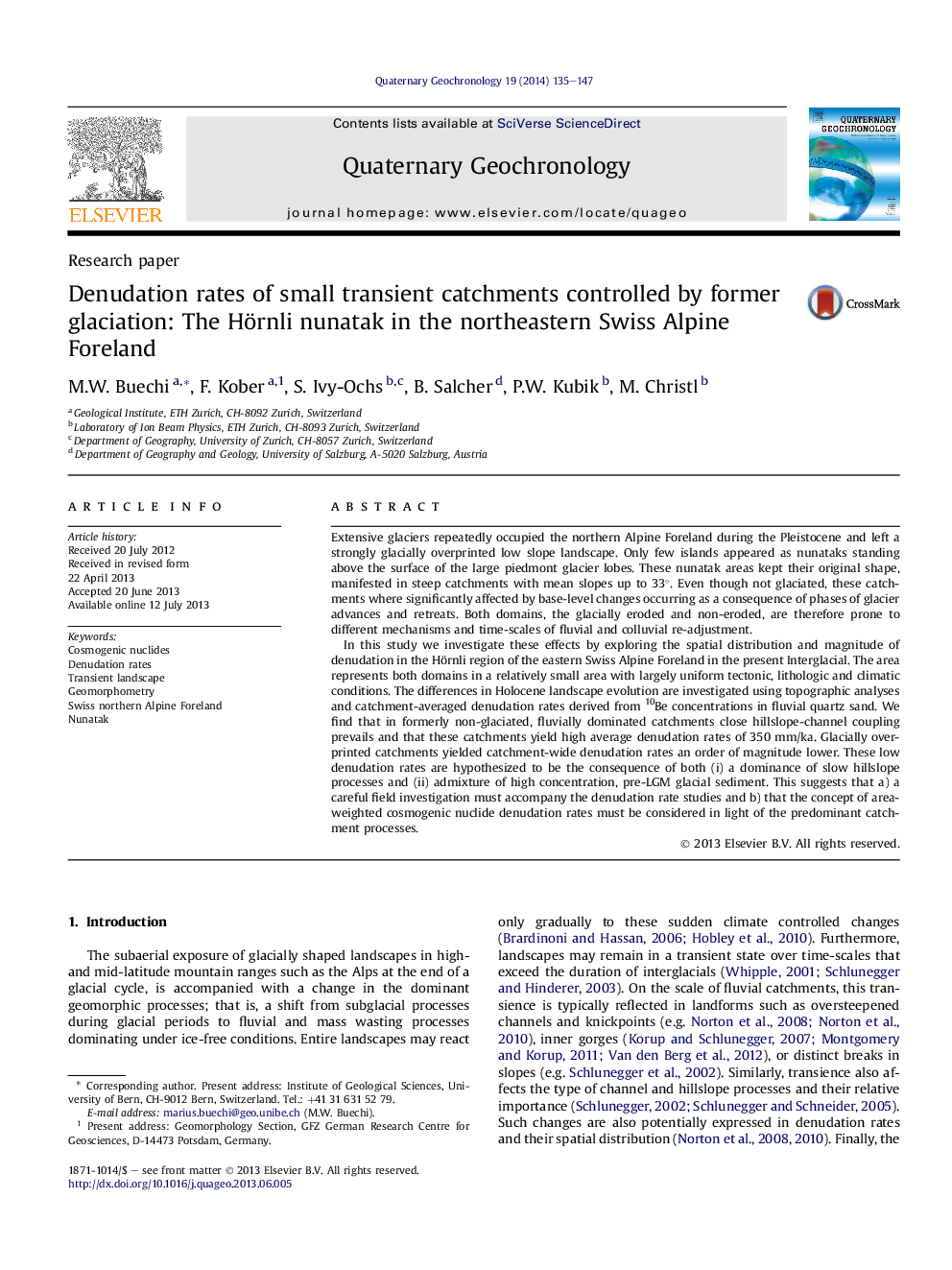 Denudation rates of small transient catchments controlled by former glaciation: The Hörnli nunatak in the northeastern Swiss Alpine Foreland