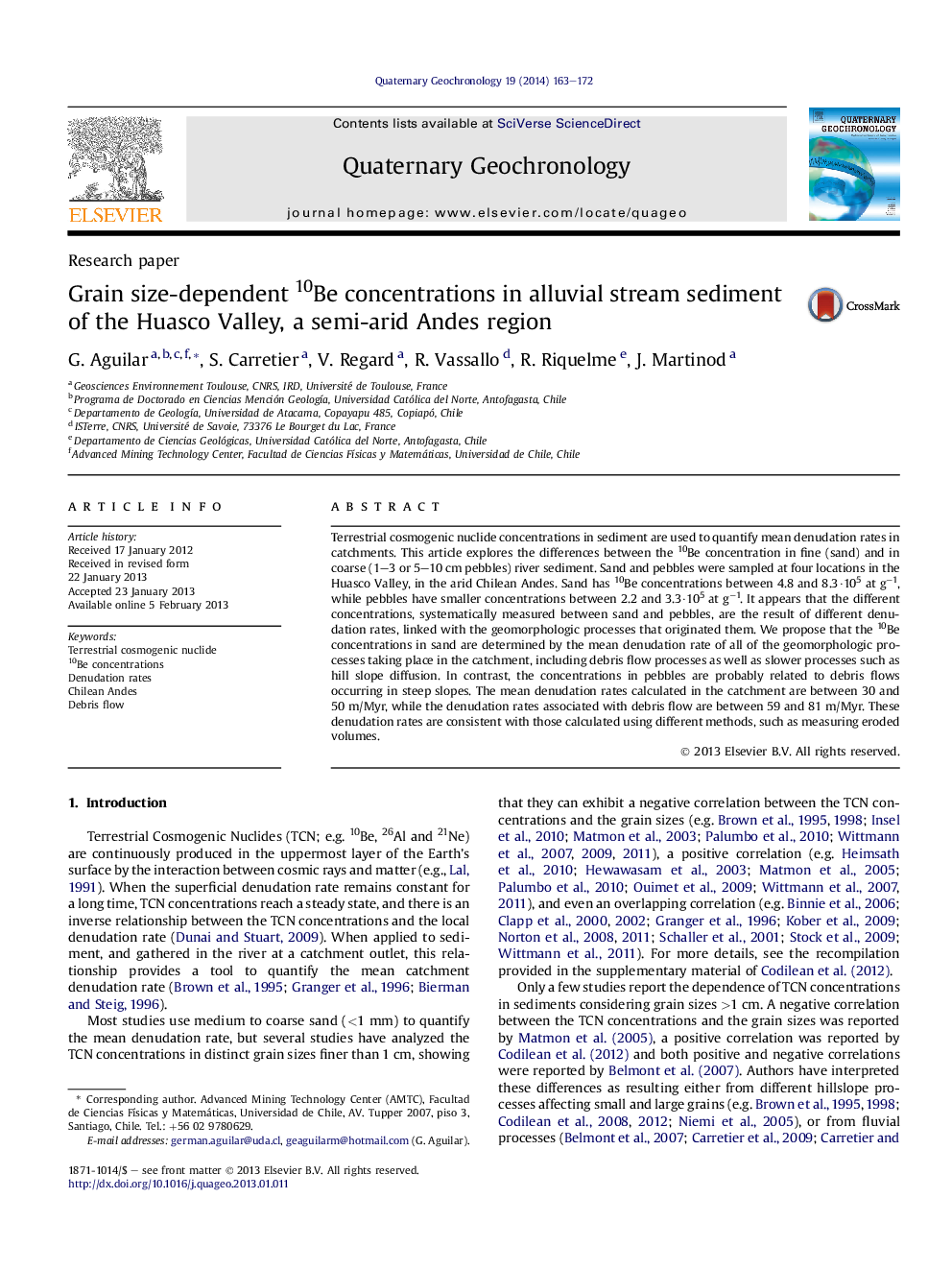 Grain size-dependent 10Be concentrations in alluvial stream sediment of the Huasco Valley, a semi-arid Andes region