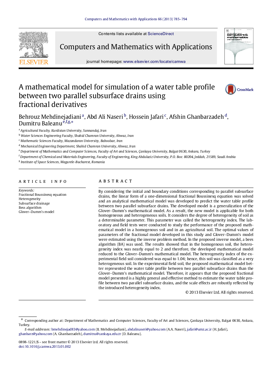 A mathematical model for simulation of a water table profile between two parallel subsurface drains using fractional derivatives