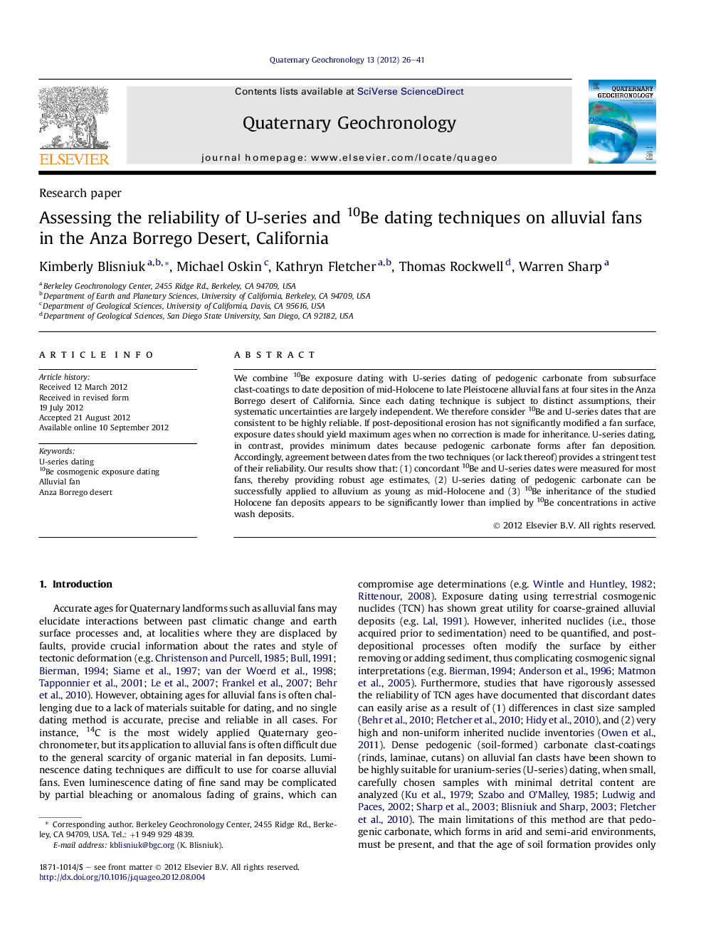 عکس صفحه اول مقاله: Assessing the reliability of U-series and 10Be dating techniques on alluvial fans in the Anza Borrego Desert, California Assessing the reliability of U-series and 10Be dating techniques on alluvial fans in the Anza Borrego Desert, California